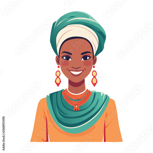 Portrait of a woman in traditional headscarf and jewelry