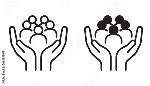 Konstfotografi Inclusion Icon: Two pairs of hands cradle groups of stylized people, one group outlined and the other filled in, symbolizing diversity and inclusion
