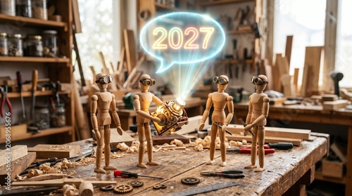 Wooden humanoid figures collaborating in workshop of gears and tools, glowing “2027” above, symbolizing craftsmanship, robotics, and futuristic innovation through collective creativity and mechanical 