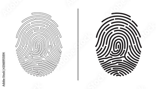 Obraz na plátně Two Fingerprints, One Identity: A comparative graphic illustrating a delicate outline fingerprint beside its bold, black counterpart, symbolizing uniqueness and personal identification