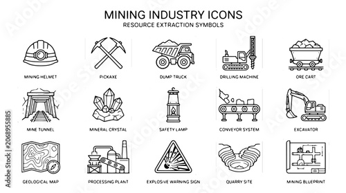 Bild auf Leinwand Mining industry icons, resource extraction symbols, mining equipment illustratio