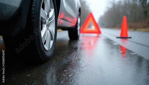Car with flat tire on wet road. Red warning triangle and cone signal car trouble. Broken down vehicle needs repair. Safety first on asphalt.