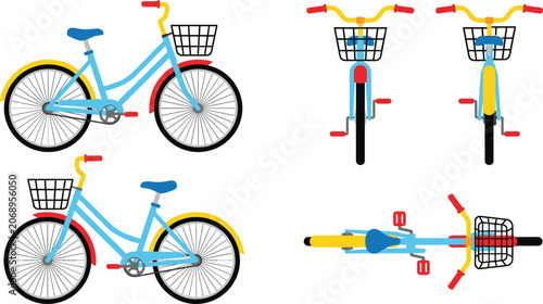 Tableau sur toile Bicycle vector set with vintage city cruiser bike from side front back top view