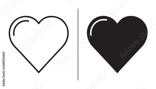 Cuadro en lienzo Heart Icon Comparison: A clean graphic displaying two heart icons, one as a simple outline and the other as a solid silhouette, representing duality and contrast