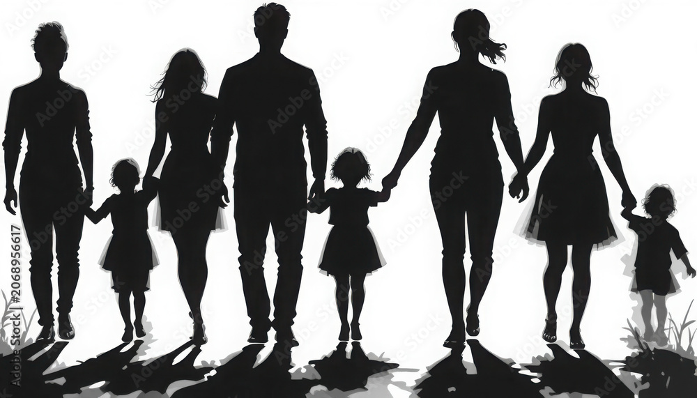 Obraz premium Silhouettes of a diverse family walking together hand in hand outdoors