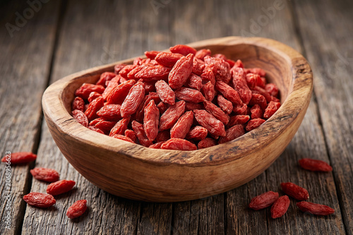 Organic Dried Goji Berries in a Bowl on Wooden Background – Healthy Superfood and Antioxidant Rich Vegan Snack