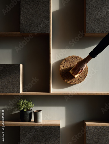 A person wiping down a circular textured wall decoration on a modern minimalist wooden shelf.