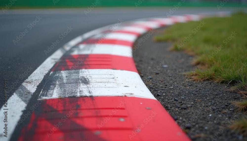 Naklejka premium Race track corner with red and white curb. Tire marks show high speed action on asphalt. Green grass borders track edge. Suitable for motorsport themes.