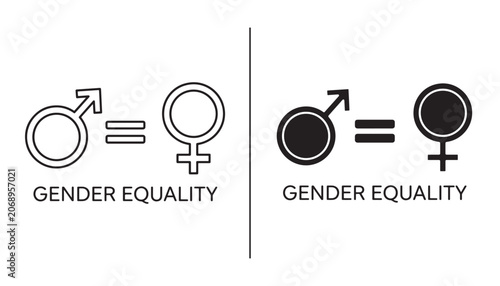 Schilderij op canvas Gender Equality Symbols: Two distinct visual representations of gender equality, featuring the male and female symbols equated, presented side-by-side, one outlined and the other solid