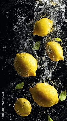 Fresh yellow lemons splashing into clear water against a black background. Dynamic food photography capturing citrus fruits underwater with bubbles and water droplets