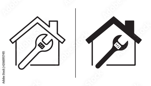 Home Repair Icons: Two minimalist icons depict a house silhouette with a wrench, symbolizing home maintenance and repair services.