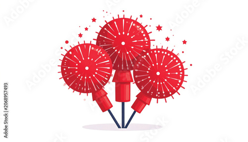 Three red firework rockets exploding.
