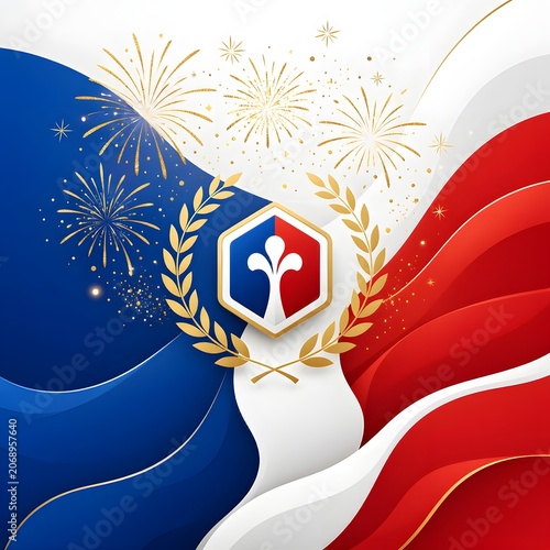 French National Day background with tricolor flag waves, golden laurel wreath, and fireworks