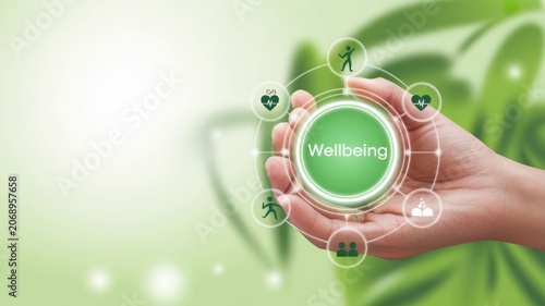Hand holding wellness concept bubble with green leaves and network icons