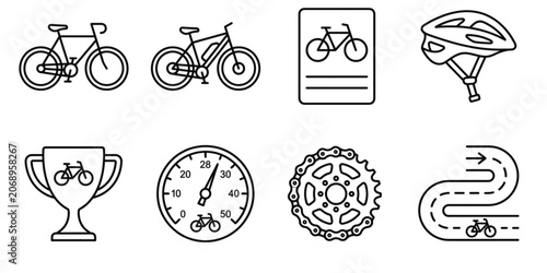 Foto Cycling thin line icon set with bicycle electric bike and award editable stroke