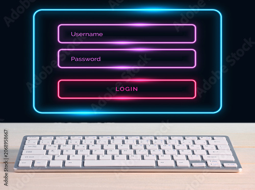Login screen showing username and password fields with neon glow