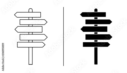 Obraz na plátně Directional Signs: A split image displaying two signposts, one in outline and the other in silhouette, each with multiple arrows pointing in various directions, symbolizing choices and uncertainty