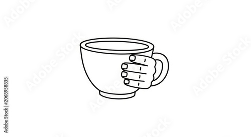 Hand holding a coffee cup icon.