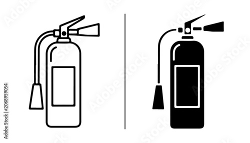 Quadro su tela Fire Extinguisher Icons: A pair of stylized icons representing fire extinguishers, one in outline and the other as a solid black silhouette, conveying safety and emergency preparedness