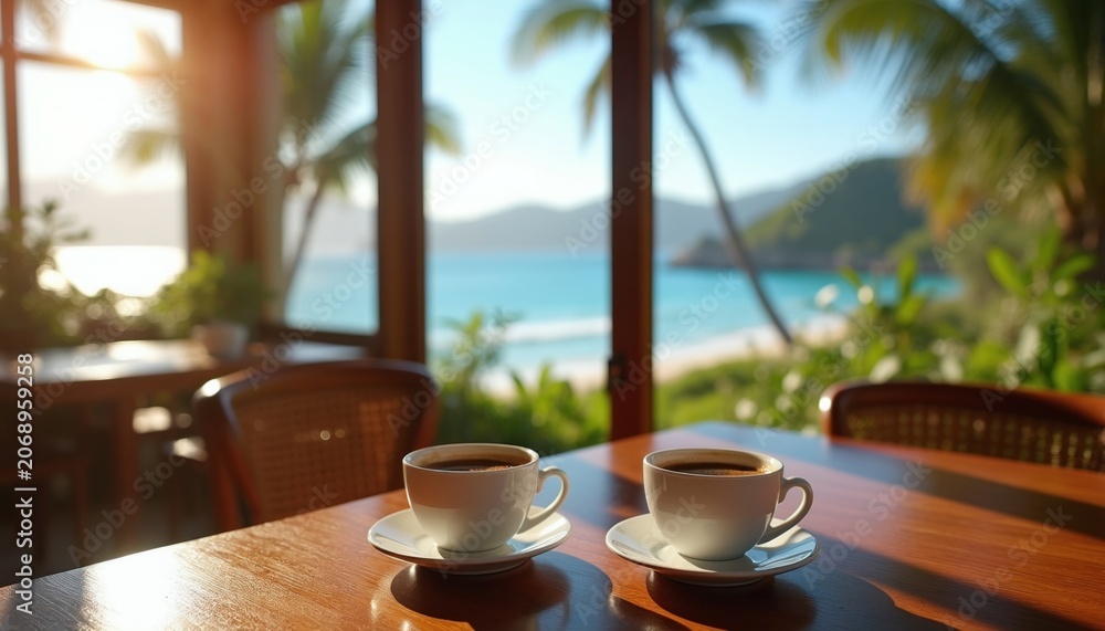 Fototapeta premium Two cups of coffee sit on a wooden table inside a room with a view of a tropical beach and ocean. Palm trees frame the sunny coastal scene, suggesting a relaxed morning.