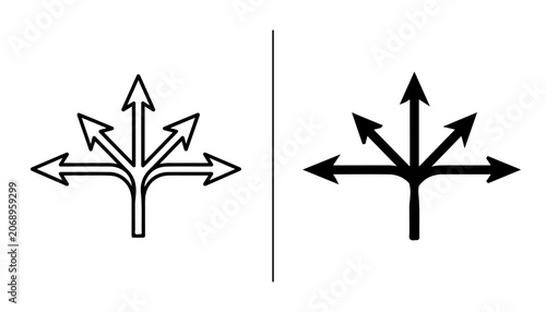 Fotografi Choices and Directions: A split image showing two distinct icons of arrows diverging in multiple directions, representing options, decisions, and paths forward