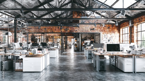 Industrial style open concept workspace features exposed brick and metal framing