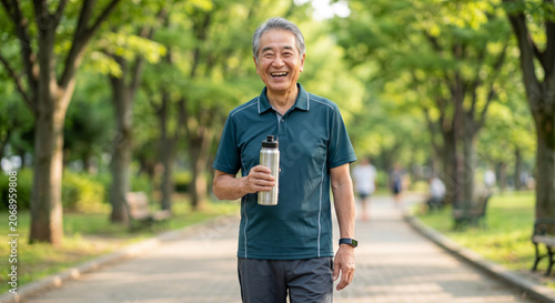 Smiling Senior Asian Man Holding Water Bottle in Park – Happy Elderly Male Enjoying Active Healthy Lifestyle and Hydration