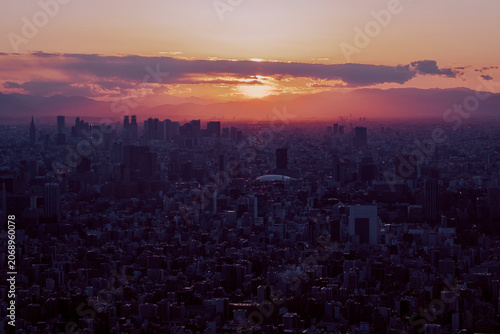 Dramatic sunset over the Tokyo city skyline