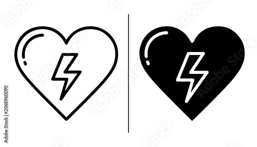 Fotografie Heartbeat Symbol: A graphic representation of a heart with a lightning bolt inside, shown in both outline and solid black versions, symbolizing energy, life, or a jolt