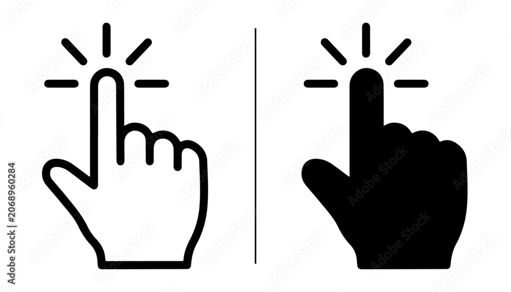 Fototapeta premium Click Icon Duo: A pair of hand cursor icons, one outlined and one solid black, representing a digital click or selection action.