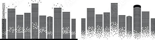 Fotografie City Skyline Disintegrating: Gray Building Silhouettes Dissolving into Scattered