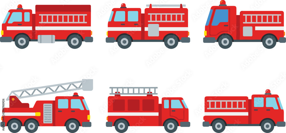 Fototapeta premium Fire truck vector icon set collection with flat design red emergency rescue engines and ladders isolated on white background for kids