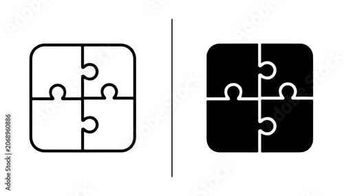 Foto Puzzle Pieces Icon: A simplified graphic representation of four interlocked puzzle pieces, shown in both outline and solid black fill, symbolizing connection and problem-solving