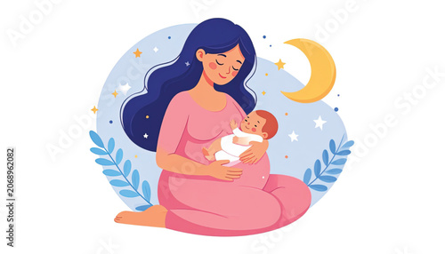 Woman holding newborn baby close.