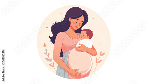 Woman holding newborn baby close.