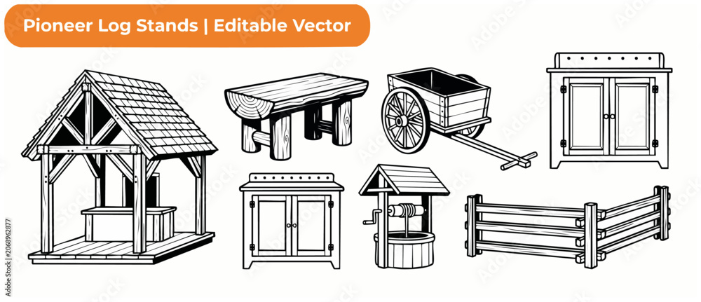 Obraz premium Rustic wooden pioneer furniture set featuring log cabin shelter, vintage wagon cart, water well, fence, and cabinets in black and white line art vector icon illustration for vintage farm design.