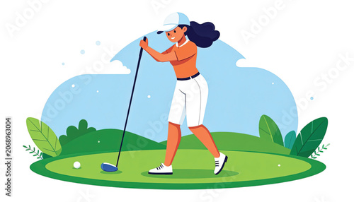 Woman playing golf on green course.