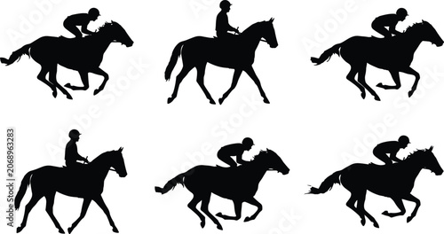 Obraz na plátně Horse racing jockey silhouette vector set with galloping stallions and equestria