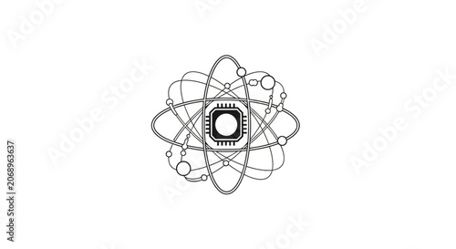 Foto Central processor chip icon with atomic electron orbit lines.