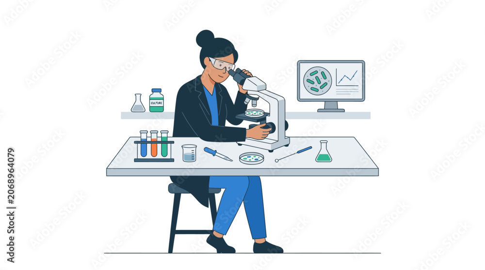 Naklejka premium Scientist analyzing sample under microscope in laboratory illustration