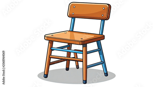 Wooden chair with blue metal frame.