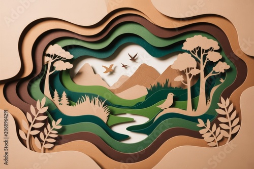 Paper cutout landscape with trees and birds