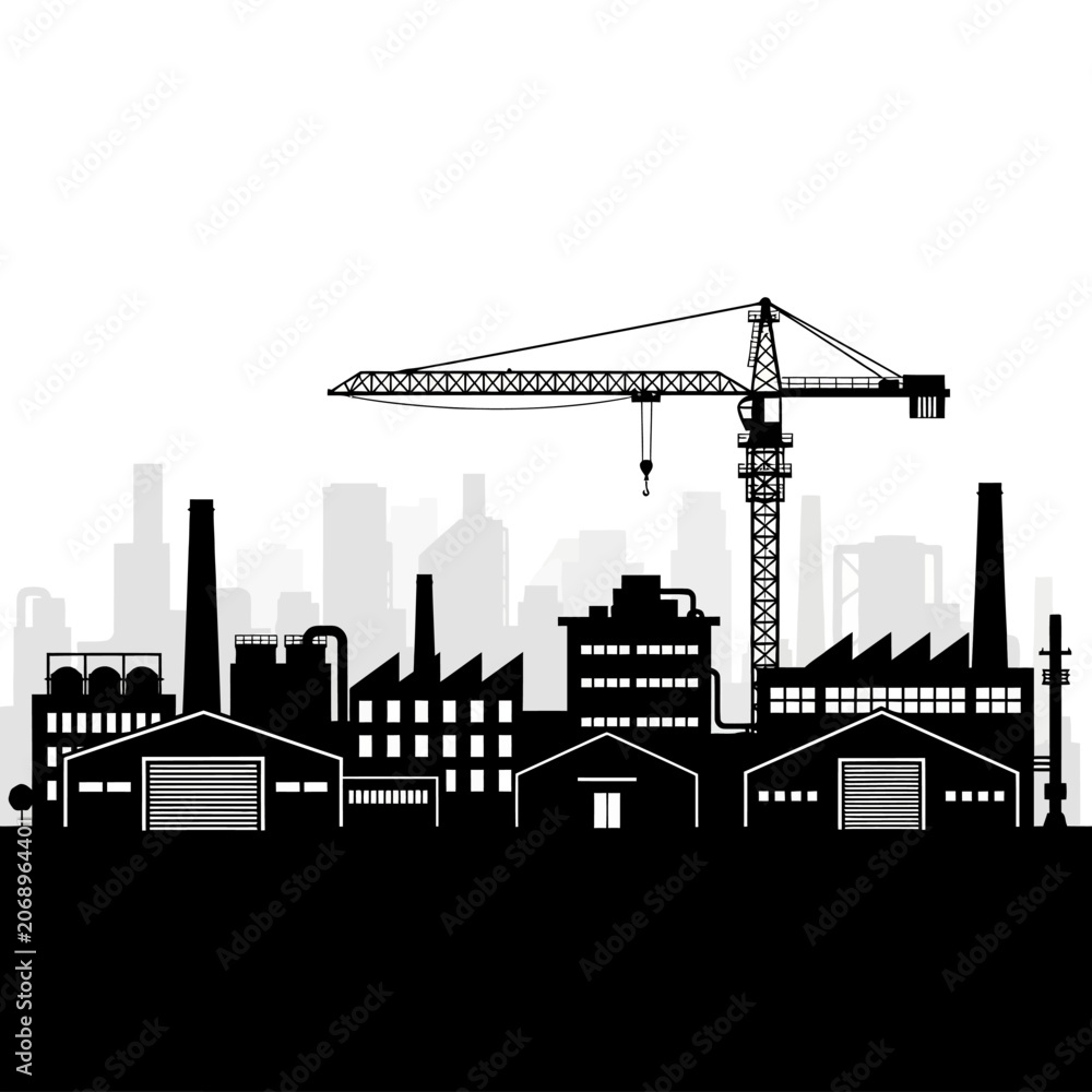 Fototapeta premium Industrial city silhouette with crane, black and white