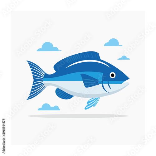 Flat design illustration of a blue fish with clouds