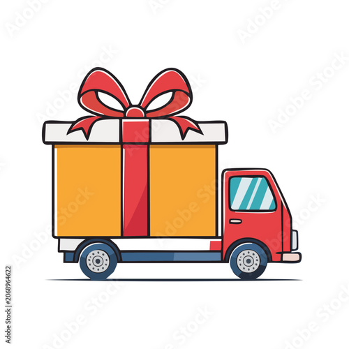 Flat illustration of a gift delivery truck with a wrapped present
