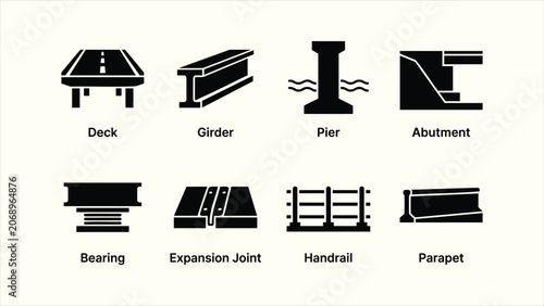 Foto Modern solid black bridge engineering construction component icon set vector col