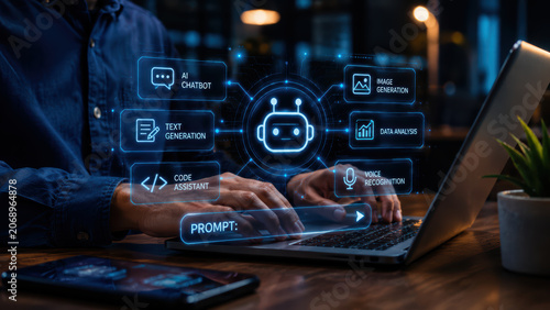 Artificial intelligence chatbot interface, laptop computer, hand typing, digital screen, data analysis, text generation