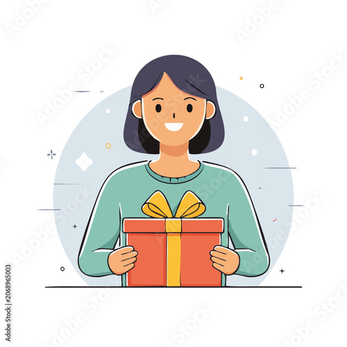 Woman holding wrapped gift box in flat vector style
