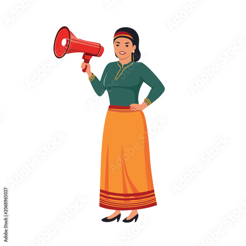 Woman in traditional dress holding a megaphone