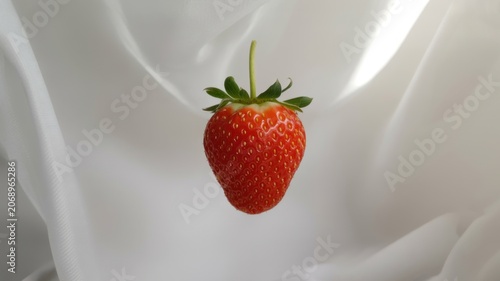 Fresh ripe strawberry hanging on white fabric with soft natural light